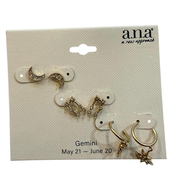 A.N.A. A New Approach Jewelry - NWT a.n.a. Gemini Zodiac Celestial Earring Set Gold Tone Moon Star Huggies‎